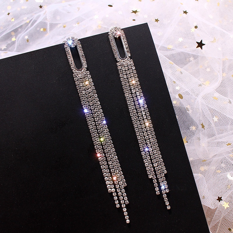 Gold and Silver Rectangle Hollow Geometric Long Tassel Rhinestone Stud Earrings