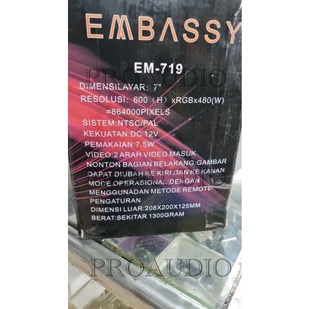 Headrest Monitor Embassy 7 Inch EM-719 EM719 EM 719 original