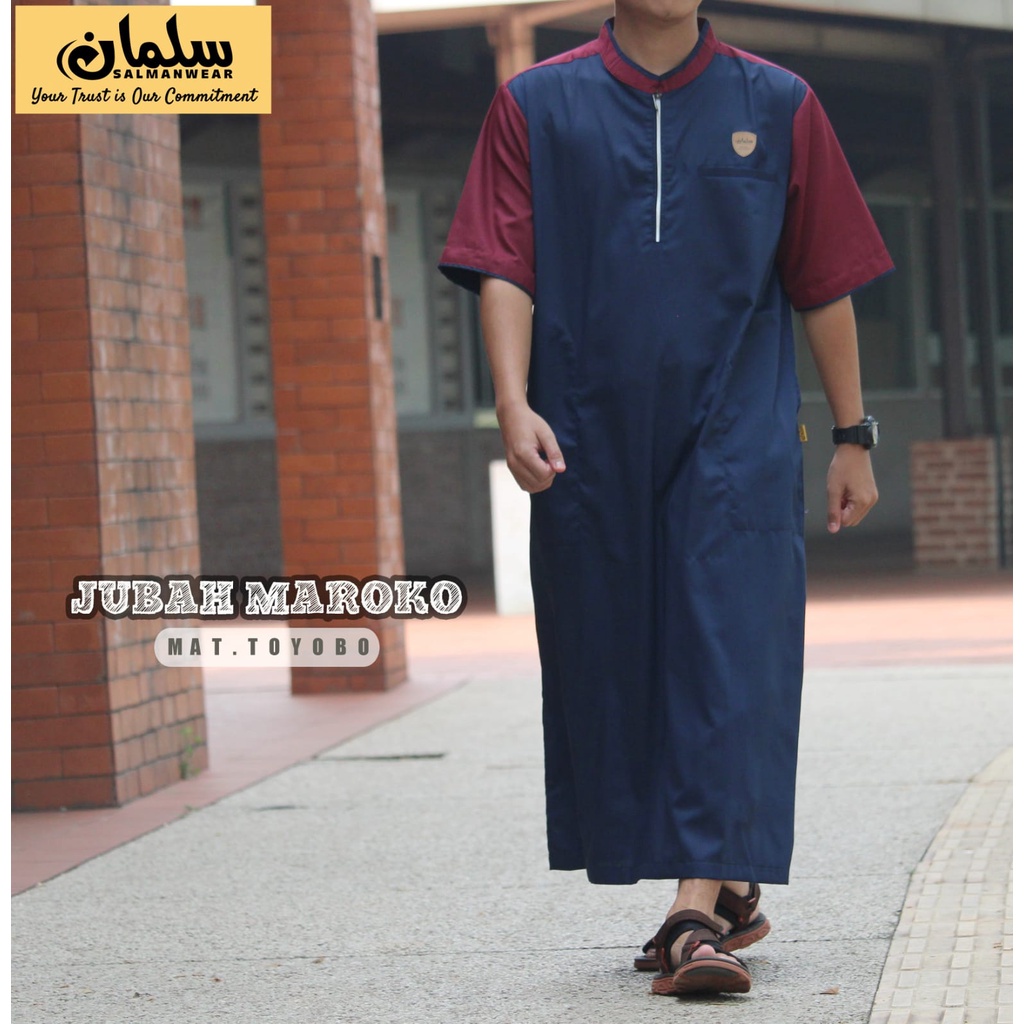 Jubah Gamis Pria Muslim Lengan Pendek Maroko Ikhwan Warna Kombinasi Katun Toyobo Original Dewasa