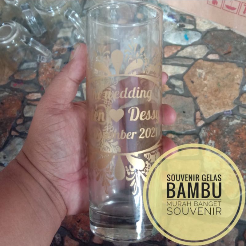 souvenir pernikahan gelas bambu+sablon kemas box