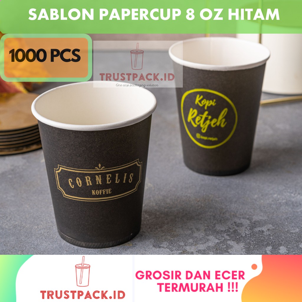 SABLON PAPER CUP HITAM 8 OZ - 1000 PCS + tutup lid hitam 8 oz