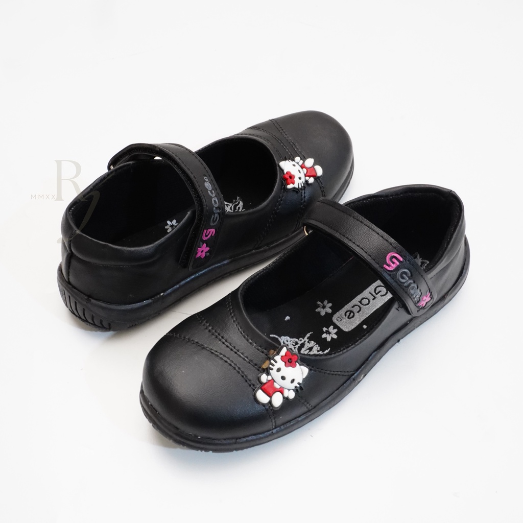 GRACE [HANA 02] 26-35 Sepatu Sekolah Anak Cewek Perempuan Hitam Polos/ Sepatu Flat Polos Tali Perekat