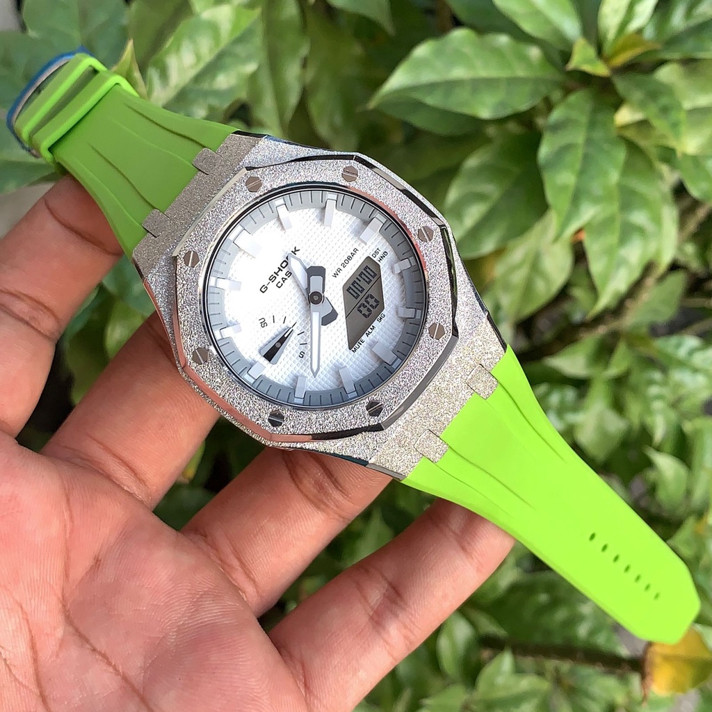 Casioak Gshock GA 2100 White Daimond Silver Rubber Light Green 44mm