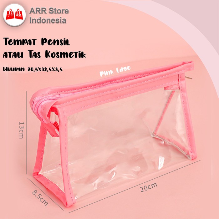 Tempat Pensil Pouch Kosmetik Ritsleting Transparan Pink Edge