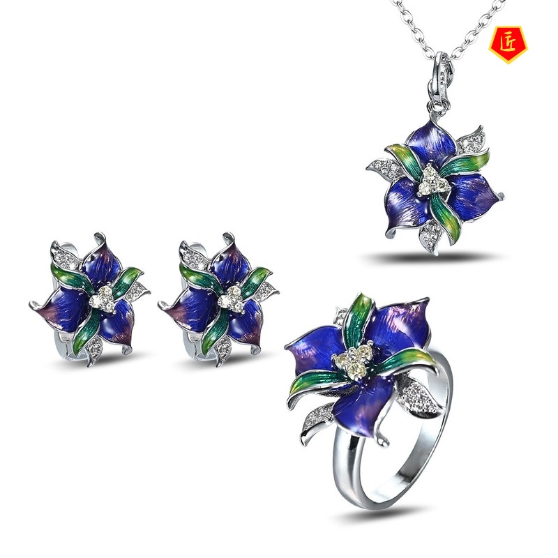 [Ready Stock]Elegant Green Flower Ring Necklace Earrings Pendant Set