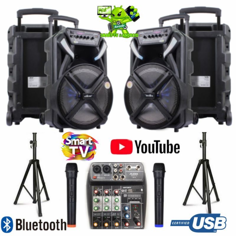 Paket Dobel Speaker Aktif Dat 12 Inch 2 Mic Wireless Mixer Bluetooth
