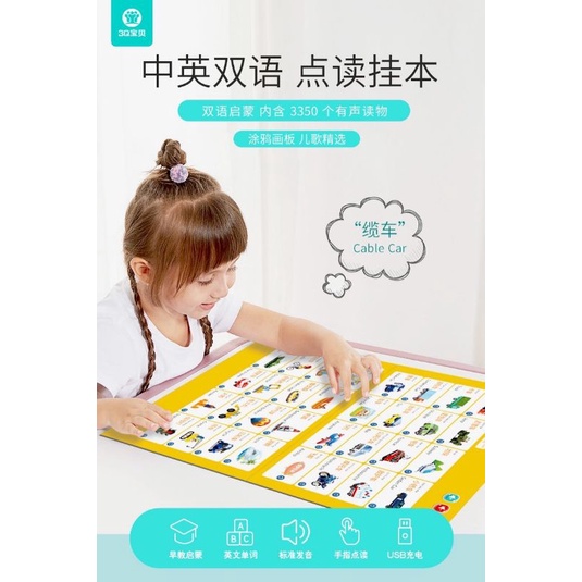 bilingual audio wall chart soundbook mandarin English 3500 content  gift color boxpress and learn and test/happychild