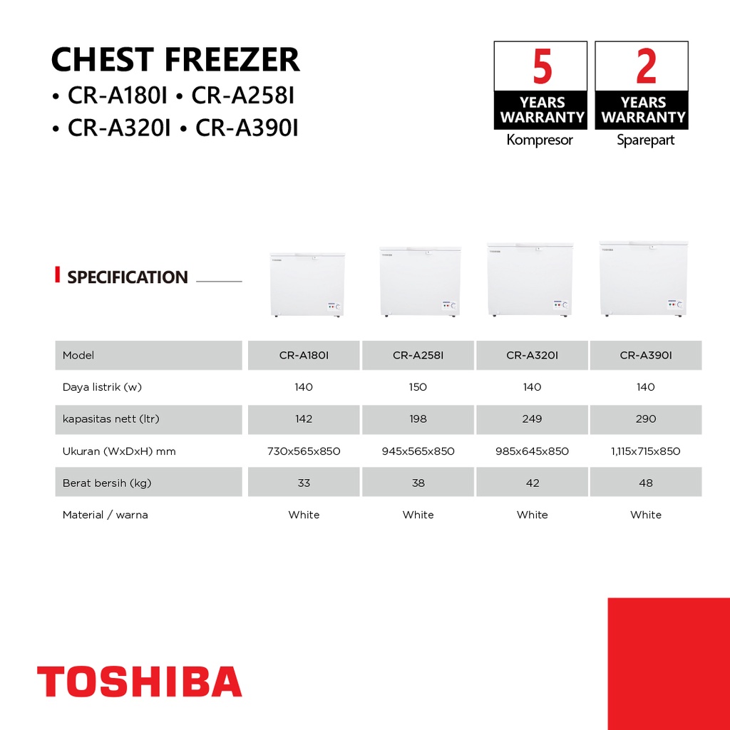 CHEST FREEZER TOSHIBA CR-A180I CR-A258I CR-A320I CR-A390I FREEZER BOX TOSHIBA GARANSI RESMI