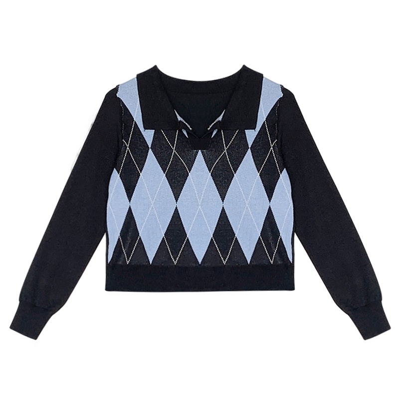 YIU YIU Rajut - Polo Shirt Sweater Rajut Crop Top Tartan Wanita Lengan Panjang Korean Style