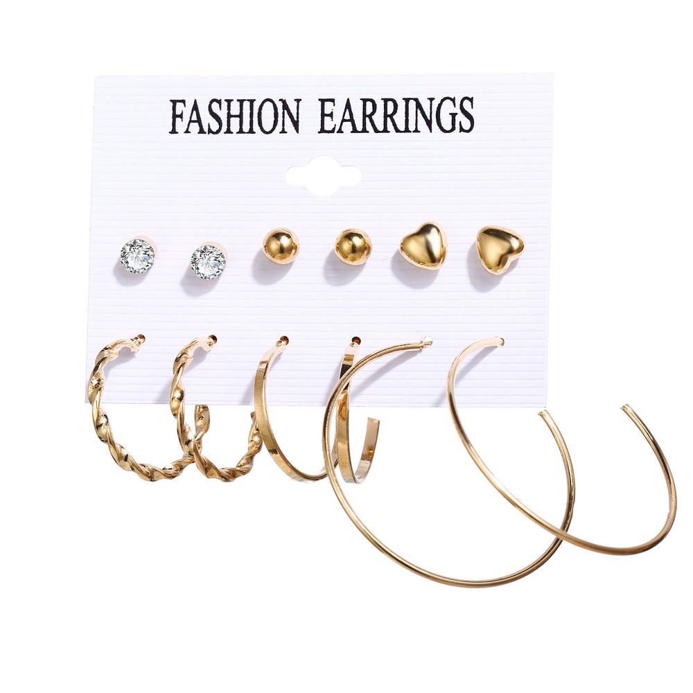 Anting Hoop 6 Pasang / Set Anting Tusuk Korea Mutiara Bulat Hati untuk Wanita Cantik Dalika