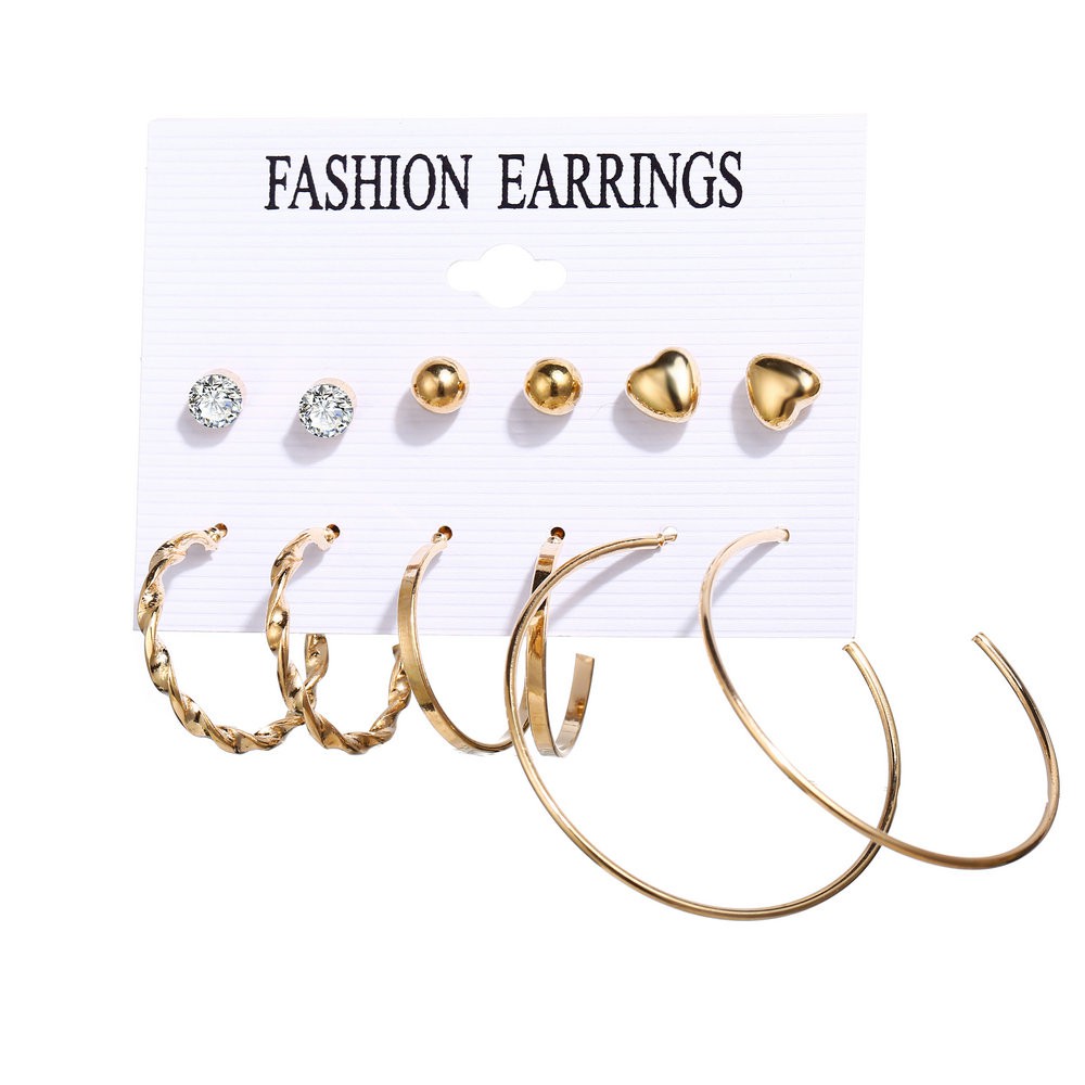 Anting Hoop 6 Pasang / Set Anting Tusuk Korea Mutiara Bulat Hati untuk Wanita Cantik Dalika