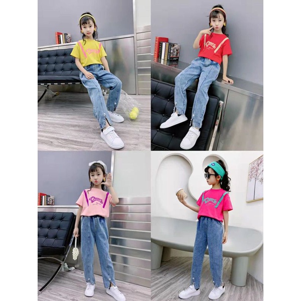 Setelan import anak tanggung atasan kaos pink + celana panjang jeans abg panjang anak perempuan Cewe
