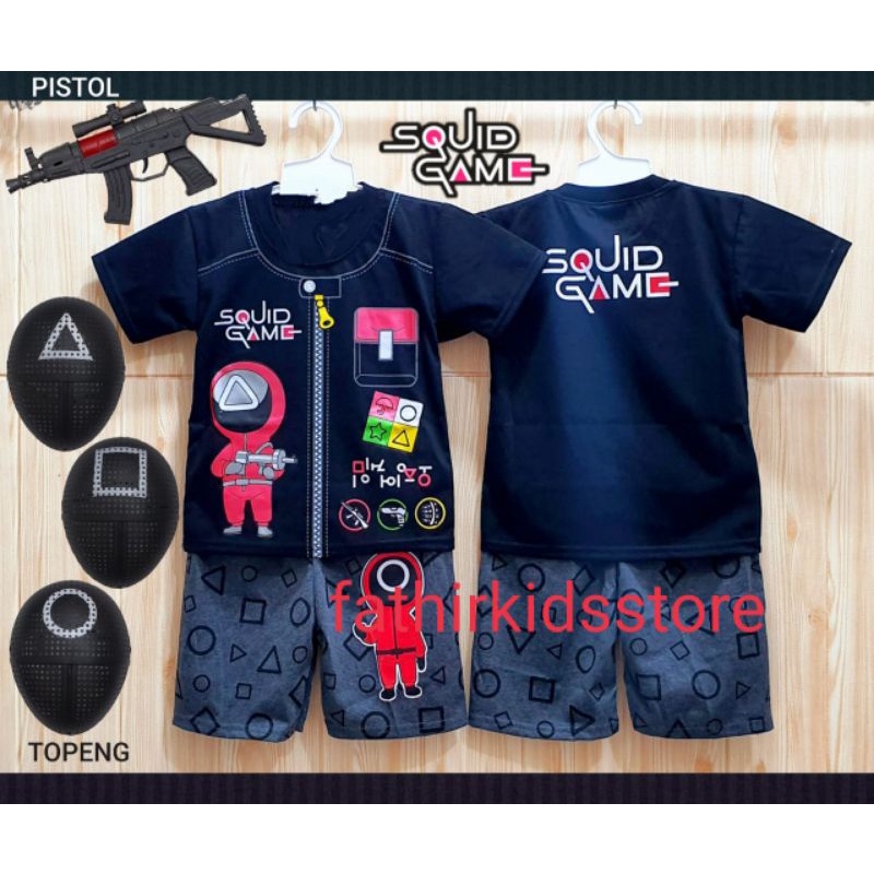 SETELAN  UNISEX ANAK PANJANG DAN PENDEK SQUIDGAME DAPAT TOPENG