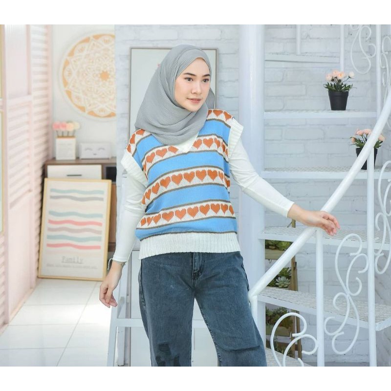 blue lovers knit/rompi rajut motif love lucu/love vest/love outer knit/rompi love wanita hijab