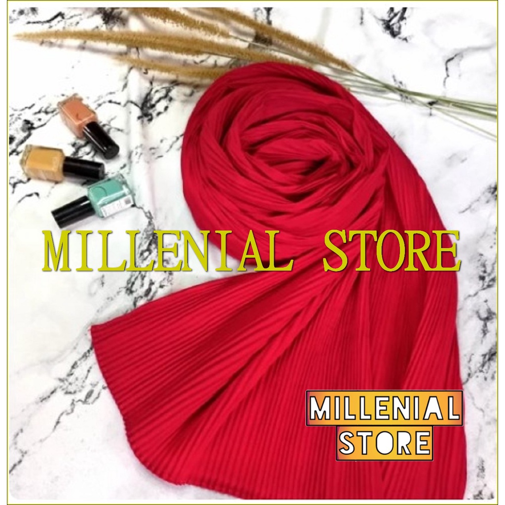 HIJAB PASHMINA CERUTY PLISKET FULL LIDI TANPA GARIS TENGAH PLEATED SHAWL 180x75 Cm-Merah