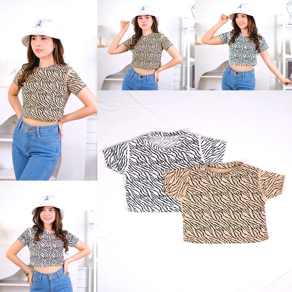 Tq88indonesia FashionBaju Atasan Wanita Lengan Pendek Zebra Crop Top / Busana Santai Cewek / Ootd / Outfit / Outfit