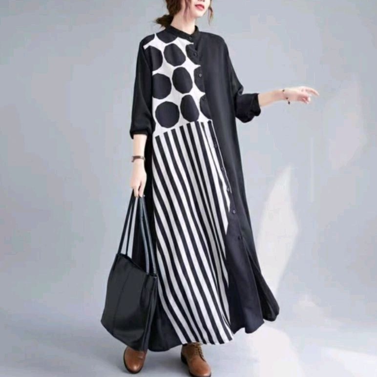 83004  Baju Maxidress longdress Maxi long dress gaun pesta panjang hitam polkadot busui dres Korea K