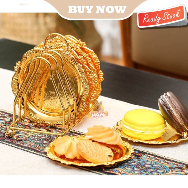Stand with Piring Buah kurma Stainless Emas kue permen Gold 6pc set