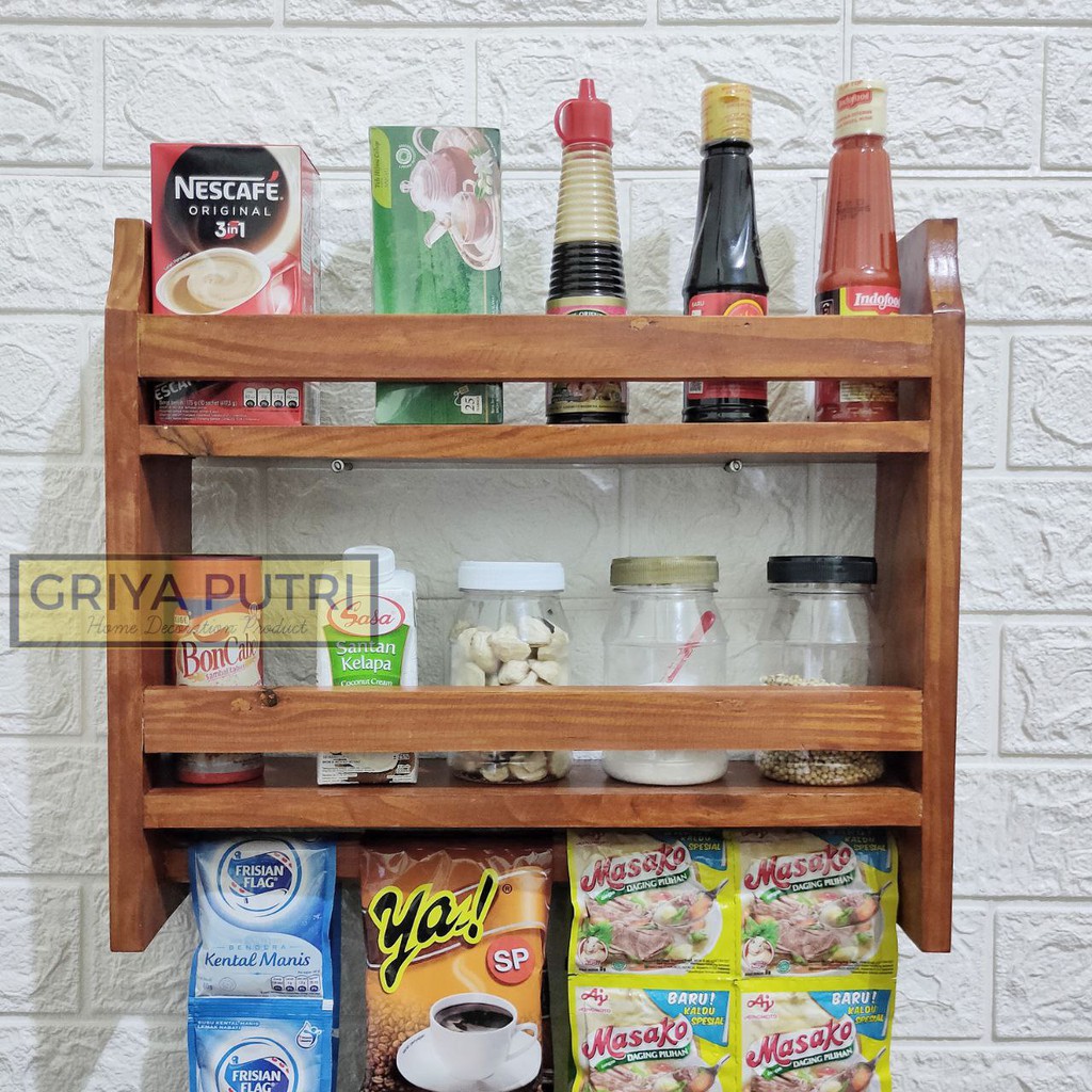 Rak bumbu kayu dapur serbaguna susun tempel dinding minimalis murah
