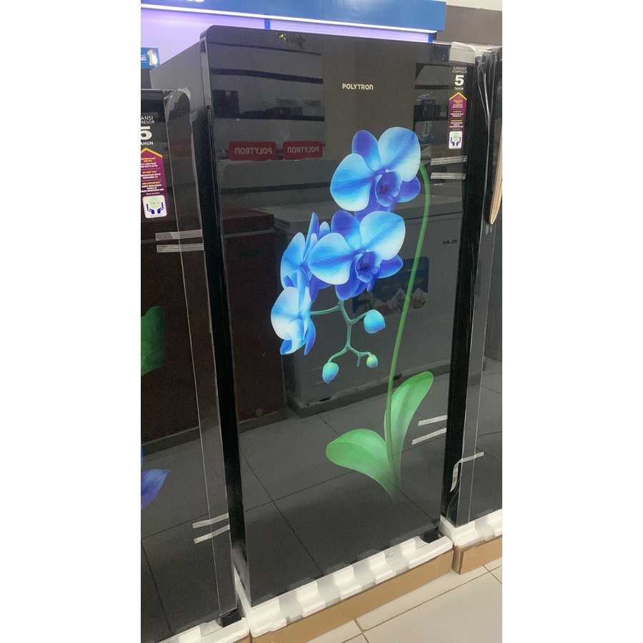 Kulkas 1 pintu POLYTRON 18 MOB motif anggrek biru kapasitas 180 liter