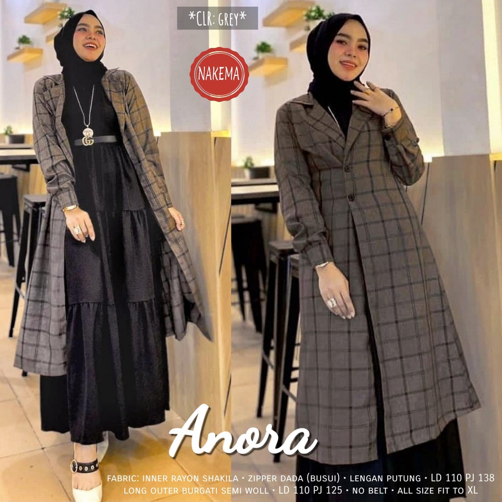 Anora Gamis Hitam Polos Shakila Adem Mix Outer Kotak-kotak Panjang Setelan Gamis Outer Wanita Modis