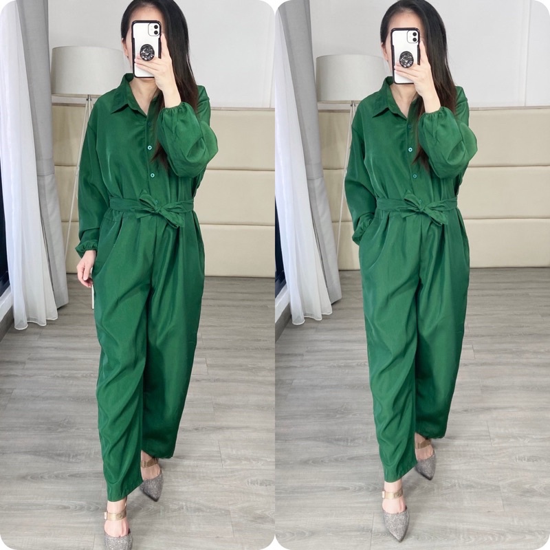 jumpsuit jumbo wanita Ld 116 / jumpsuit ijo botol/ jumpsuit bigsize / jumsupt panjang wanita / jumpsuit lengan panjang / jumpsuit busui friendly