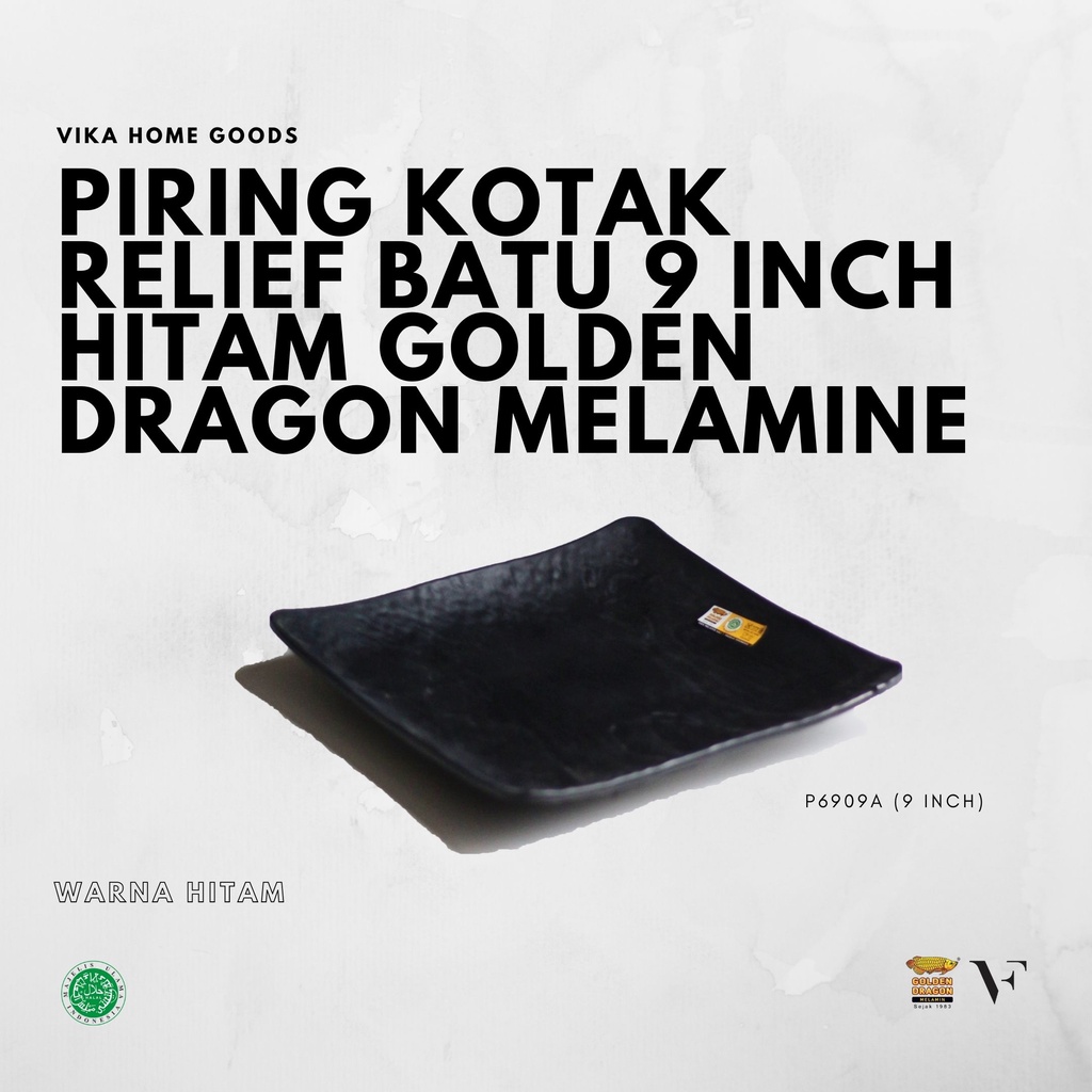 Piring Kotak Relief Batu 9 Inch Hitam Golden Dragon Melamine (P6909A)
