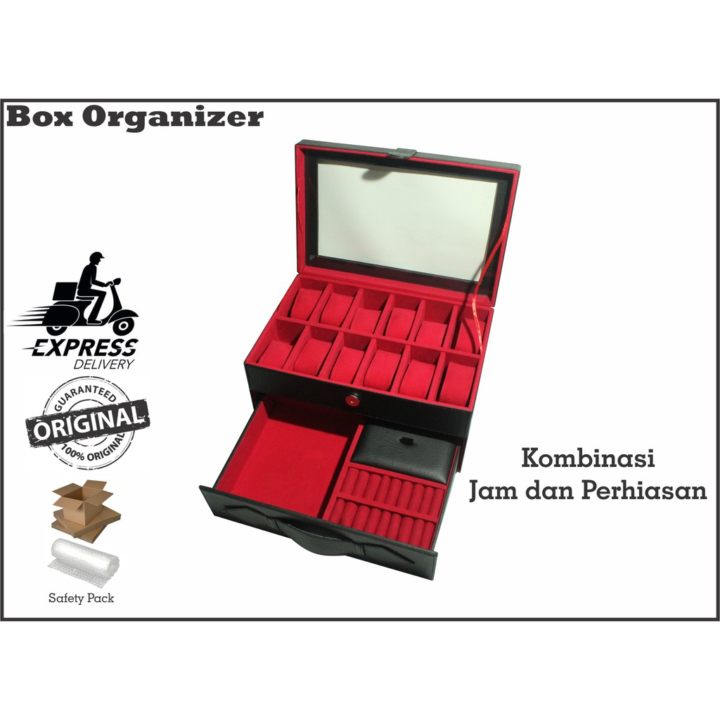 PROMO - Kotak Tempat Jam Tangan Isi 12 Mix Laci Perhiasan / Watch Box Organizer Hitam Merah