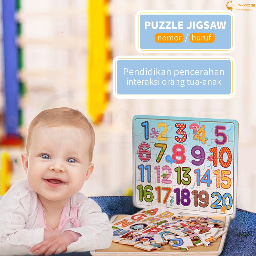 Lakoe Mainan Edukasi Anak Puzzle kayu gambar huruf dan nomor