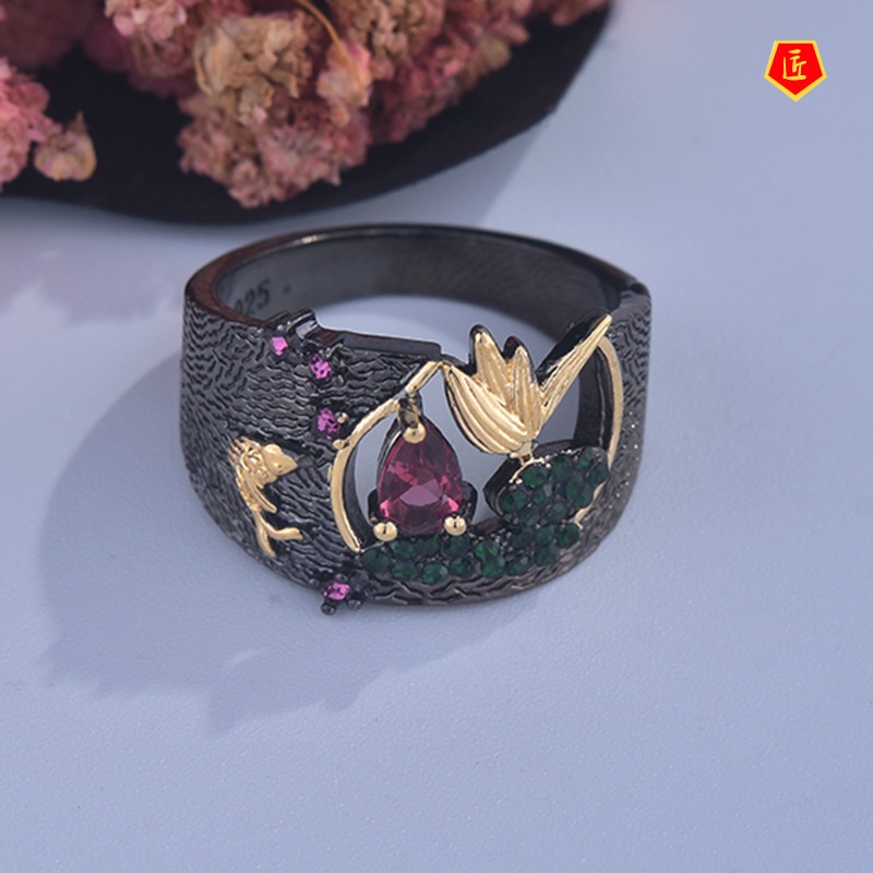 [Ready Stock]Creative New Two-Tone Bird Ring Black Retro Diamonds