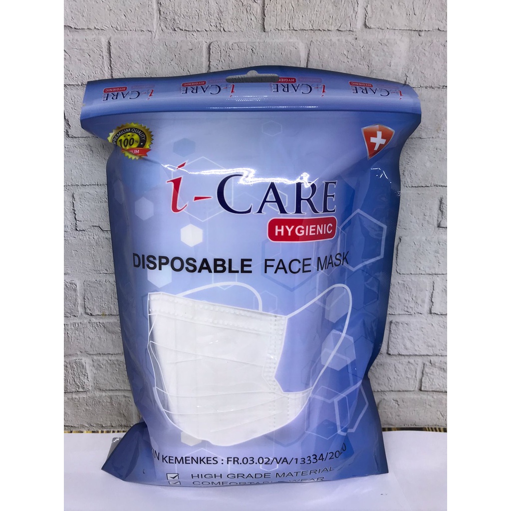 Masker 3ply Earloop Sachet EMBOSS I-Care Hygenic Isi 50pc Kemenkes