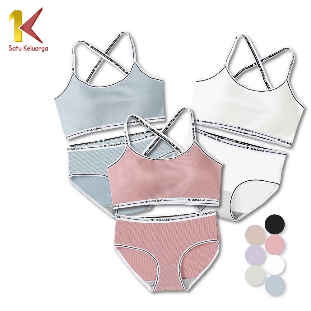 1K Bra Set Celana Dalam P169 Bralette One Set Wanita Tali Silang List Putih BH Tanpa Kawat Wanita