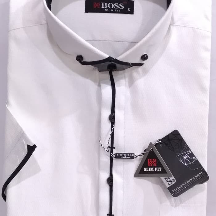 Boss Putih Kemeja Pria Pendek Formal Slimfit Dobby List Hitam Donniv - Putih S