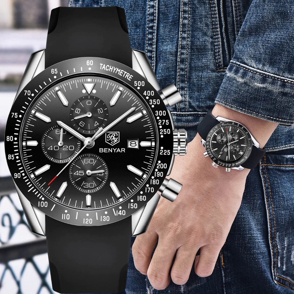 TERBARU Benyar Chronograph Quartz Sport Watch Men Waterproof Watch Brand Luxury Silicone Business