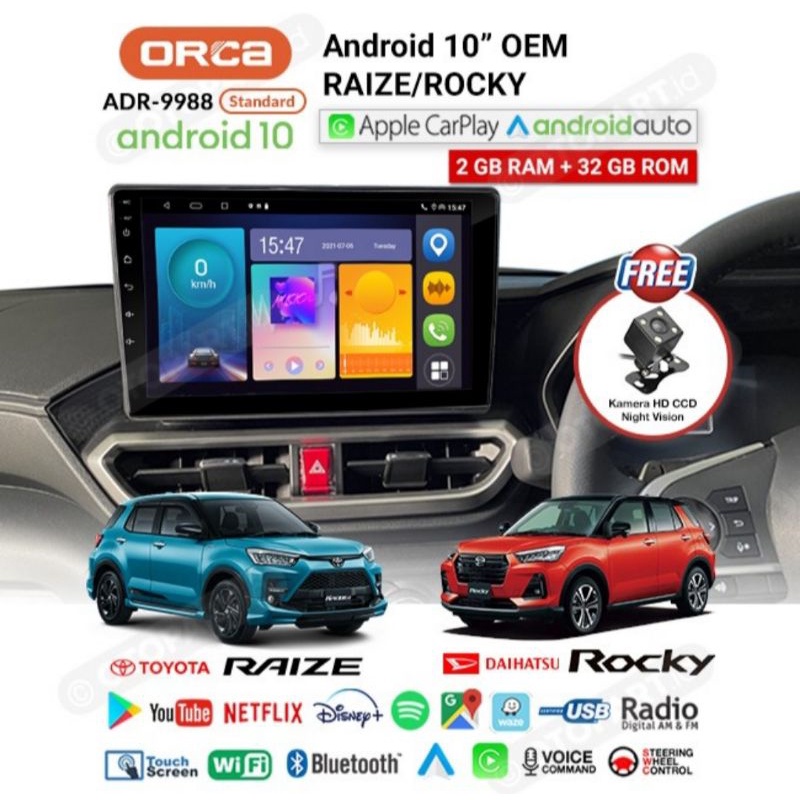 Head Unit ANDROID RAIZE / ROCKY 10 inch ANDROID ORCA ADR 9988 NEW STANDART CARPLAY