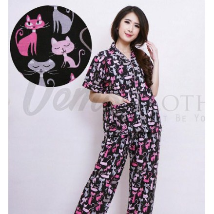 BESS - Piyama CP / Stelan Baju Tidur Murah / Corak BLACK CAT