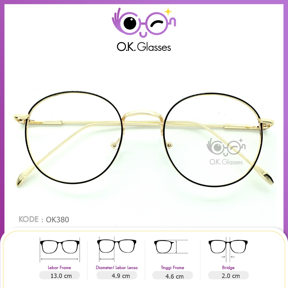 Frame Kacamata OK Glasses OK380 Black Gold Korea Pria / Wanita Bisa Request Minus Photocromic Anti B