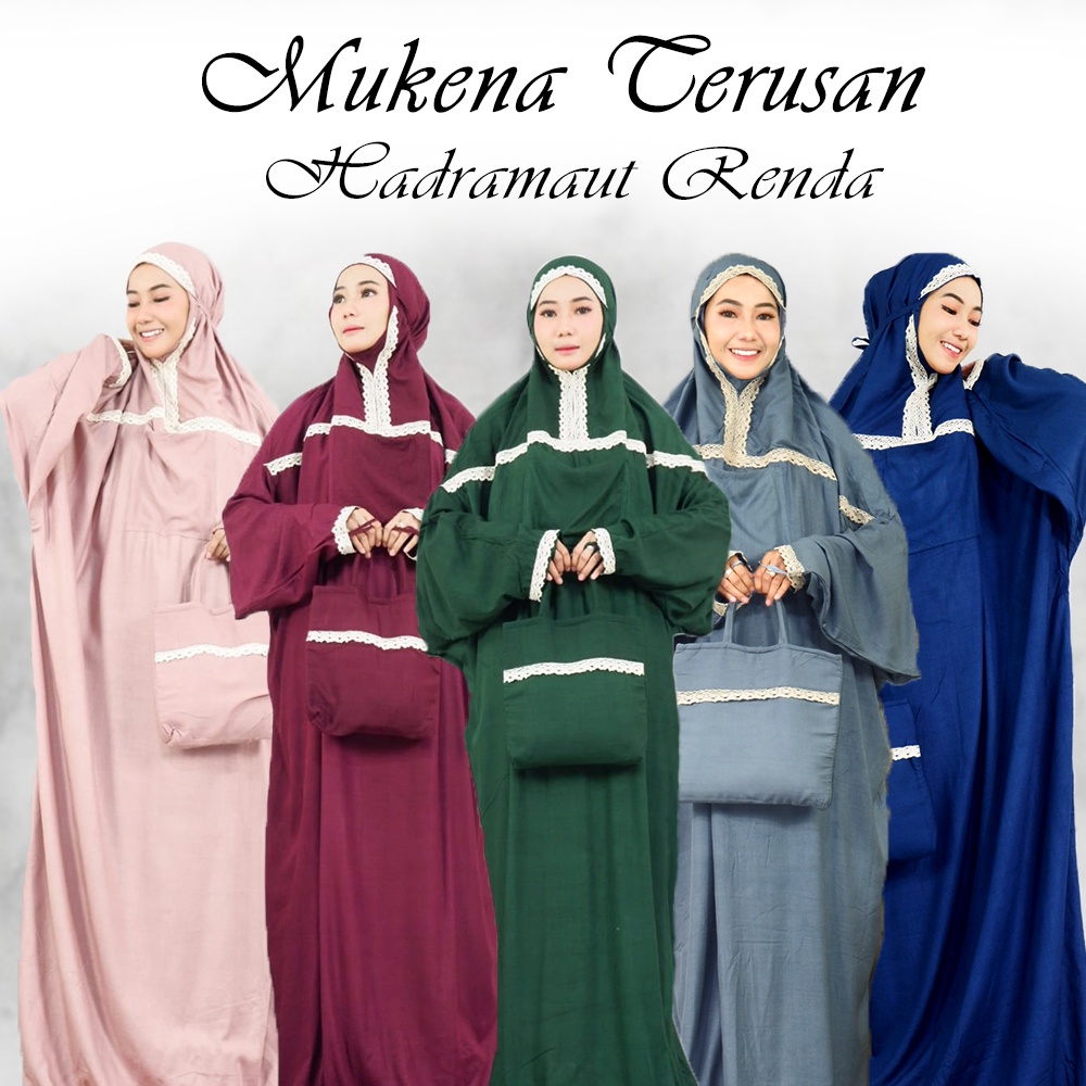 Mukena Terusan Dewasa Hadramaut Renda - Mukenah Traveling Polos Jumbo Rayon Premium Bali Murah