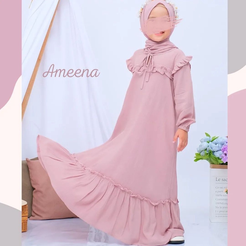 Ameena / Baju Gamis Anak Cewek Plus Pashmina Terbaru Matt Crinkle Airflow / Fashion Muslim Anak Perempuan Murah / GOM