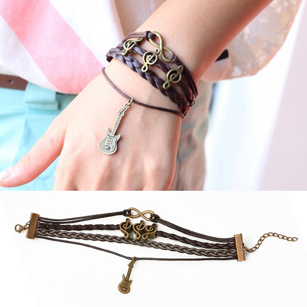 Gelang tangan Kulit Tumpuk Aksen Kepang Not Musik Gitar Gelang tangan Kulit Tumpuk Aksen Kepang Not Musik Gitar