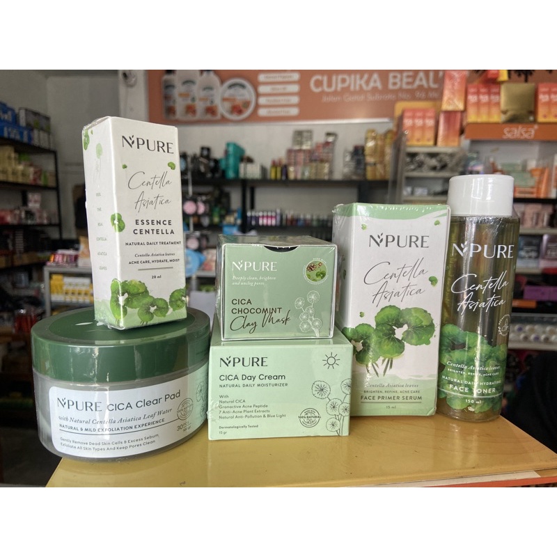 npure cica centela asiatica series - cica clear pad - essence centella - cica chocomint clay mask - cica day cream - cica face primer serum