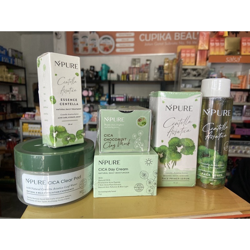 npure cica centela asiatica series - cica clear pad - essence centella - cica chocomint clay mask - cica day cream - cica face primer serum