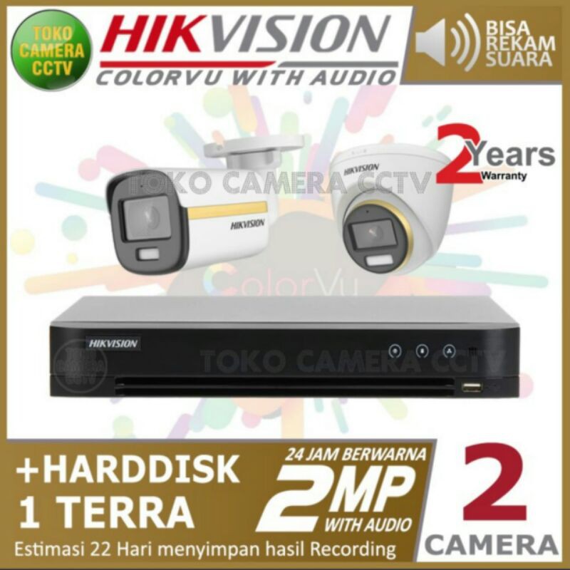PAKET CCTV 2CAMERA HIKVISION 2MP COLORVU + AUDIO DVR 4CHANNEL HDD 1TB