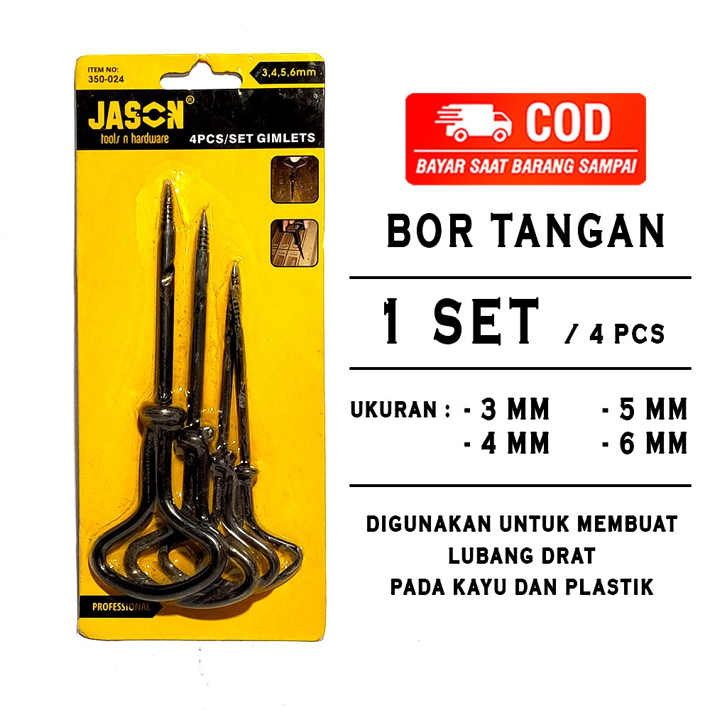 BOR TANGAN JASON UNTUK KAYU / UNCEK / BOR KAYU / BOR TANGAN SET JASON 4 PCS