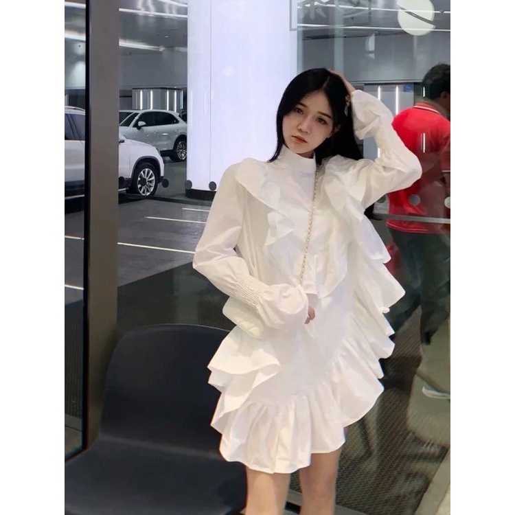Dress casual import White Ruffle Asymetric korea style putih