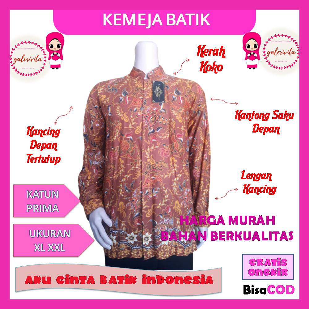 Baju Atasan Batik Pria Dewasa M L XL XXL / Atasan Panjang Pendek Kemeja Hem Batik Prima Pekalongan02