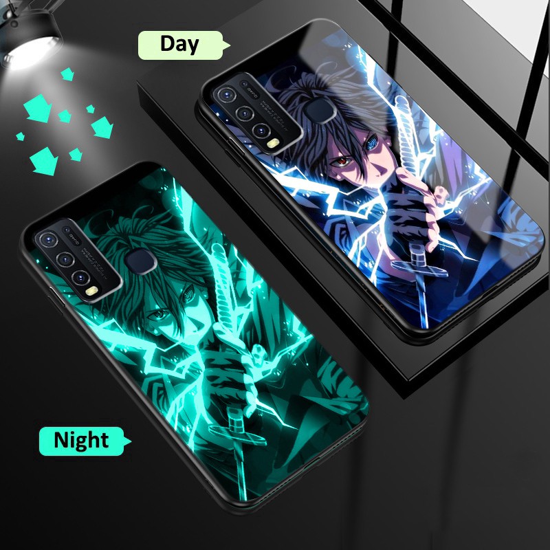 Naruto Sasuke Luminous Glass Case Hp Vivo Y30 Y20 Y20s Y12s Y30i Y50 S1 S1 Pro Y12 Y15 Y17 Z1 Pro V15 V15 Pro Night Glitter Handphone Luxury Ultrathin Hard Covers