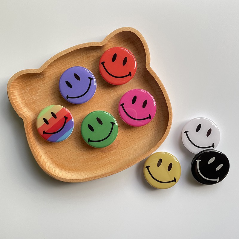 Popsocket Hp Bentuk Bulat Motif Smiley Face Warna Pelangi