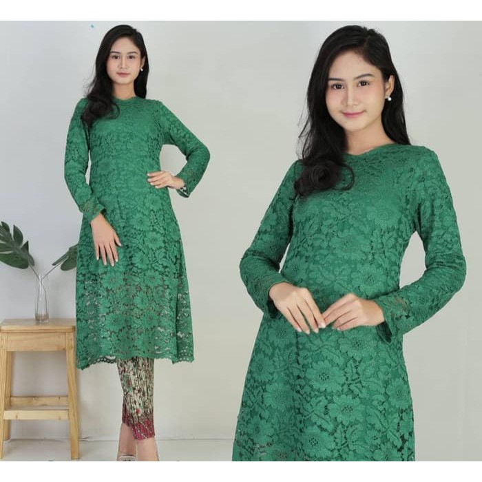 Setelan Kebaya Modern Brokat Tunik / Longcape Brukat Hijau Dan Waran Lainnya