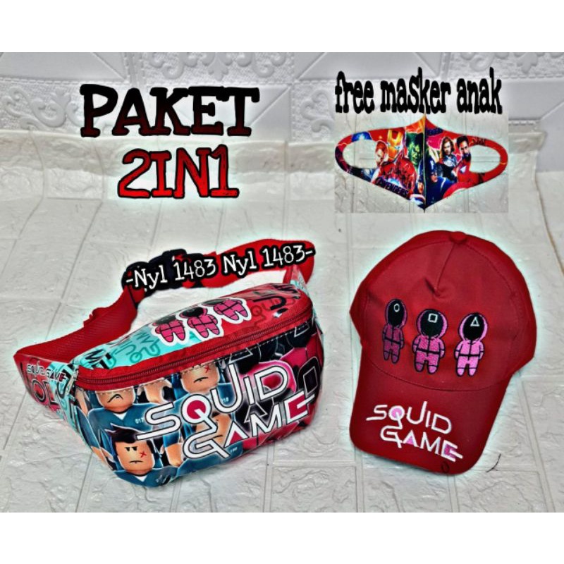 Real Pict Paket 2in1 Tas Waistbag SquidGame Free Topi bordir dan Masker anak